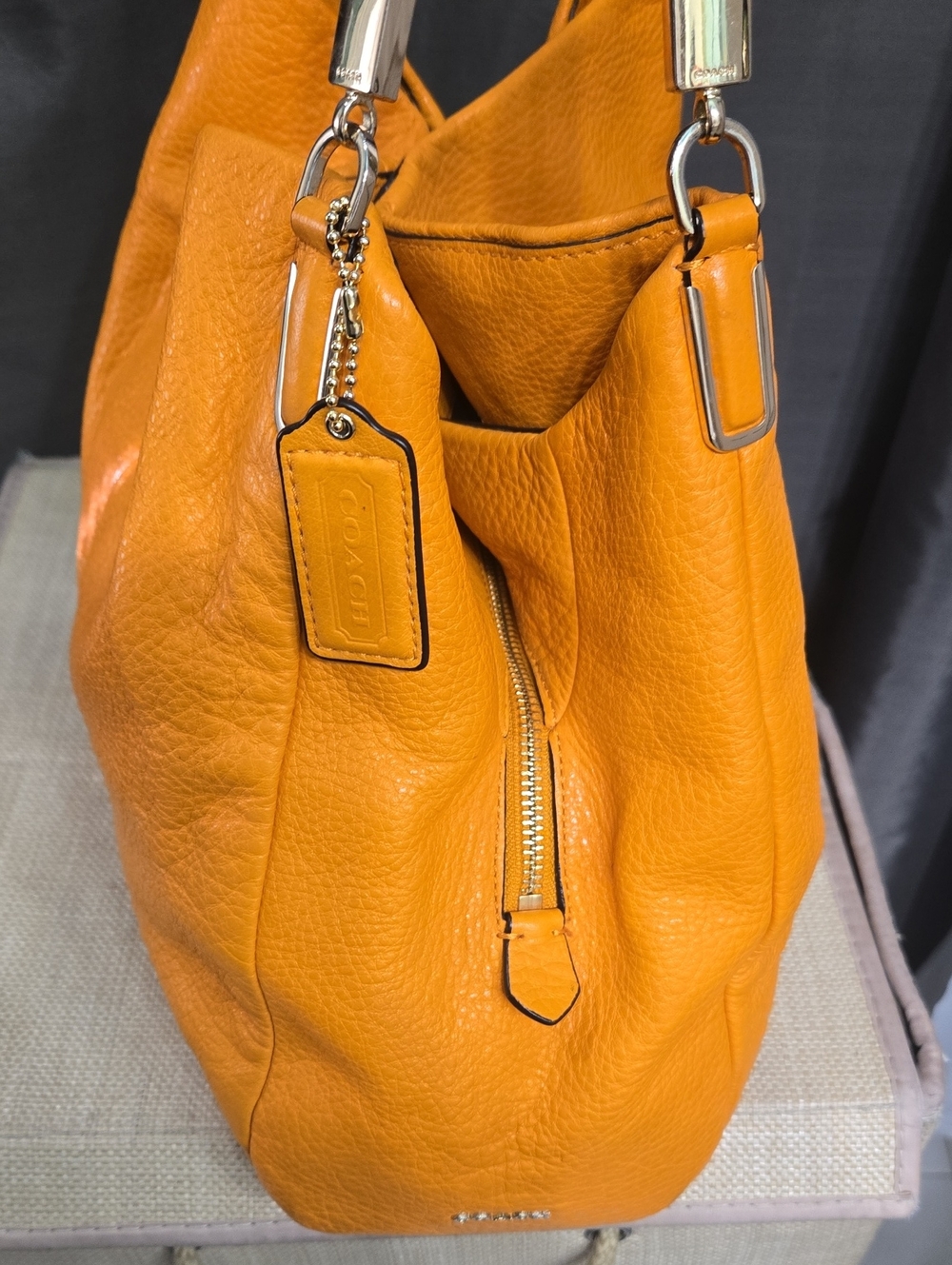 Coach Edie Orange Pebbled Leather Shoulder Bag - Picture 3 of 13